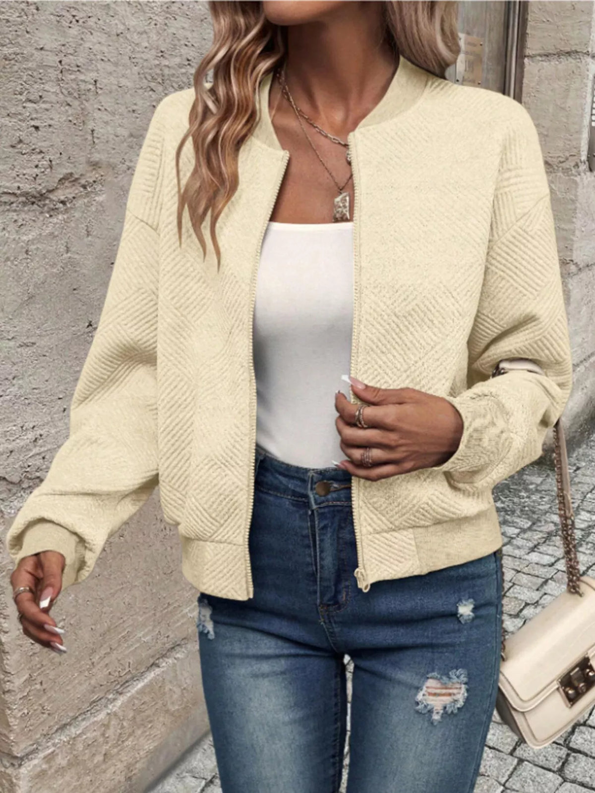 Textured Knit Zip-up Bomber Jacket (6)