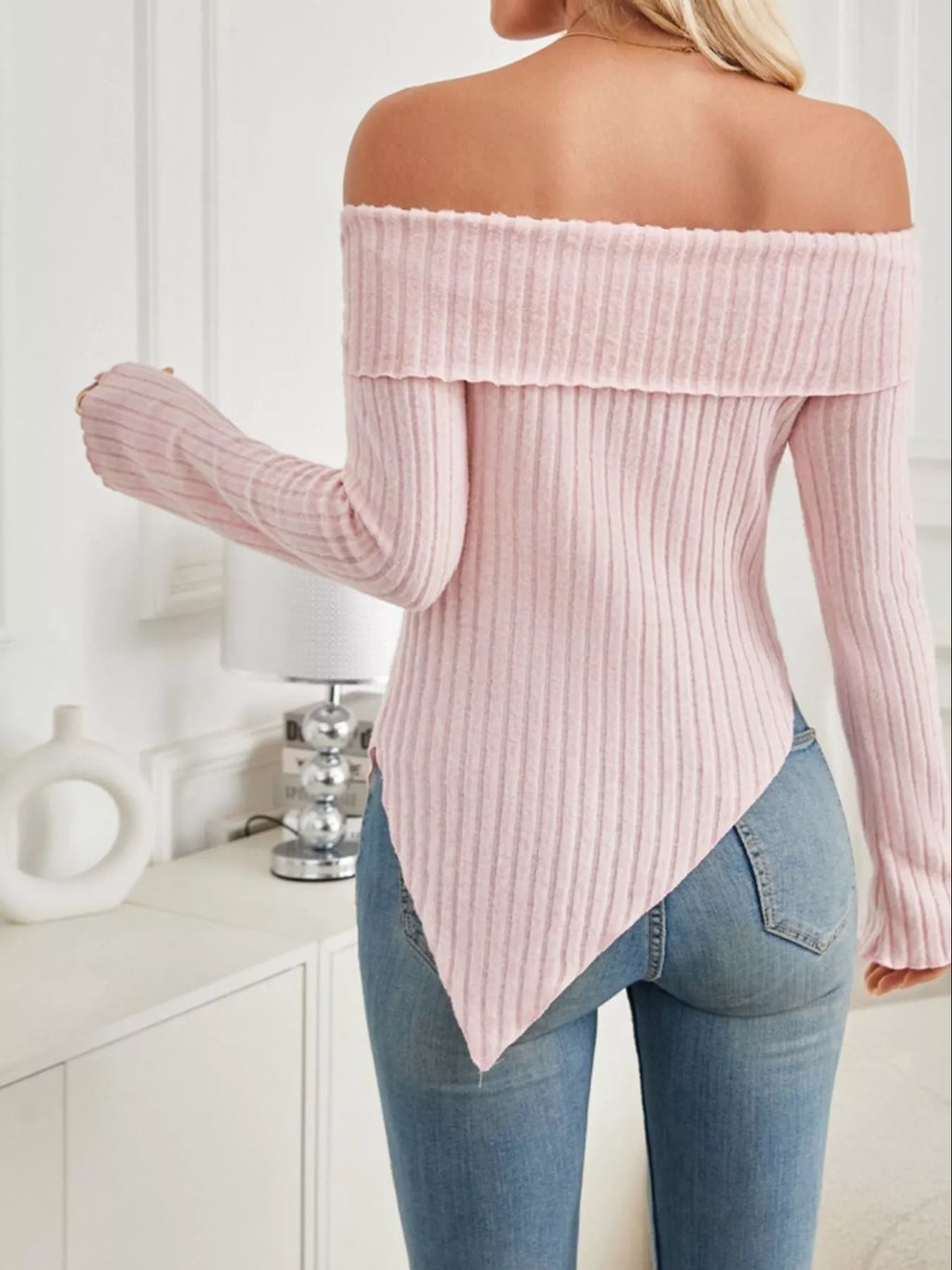 Off-shoulder Ribbed Knit T-shirt (9)