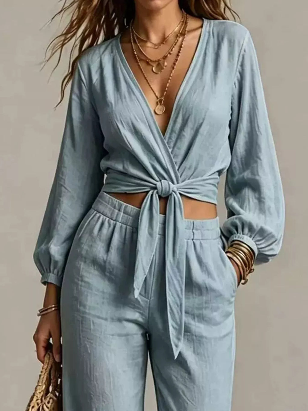 Tie-front Crop Top Wide-leg Pant Set (10)