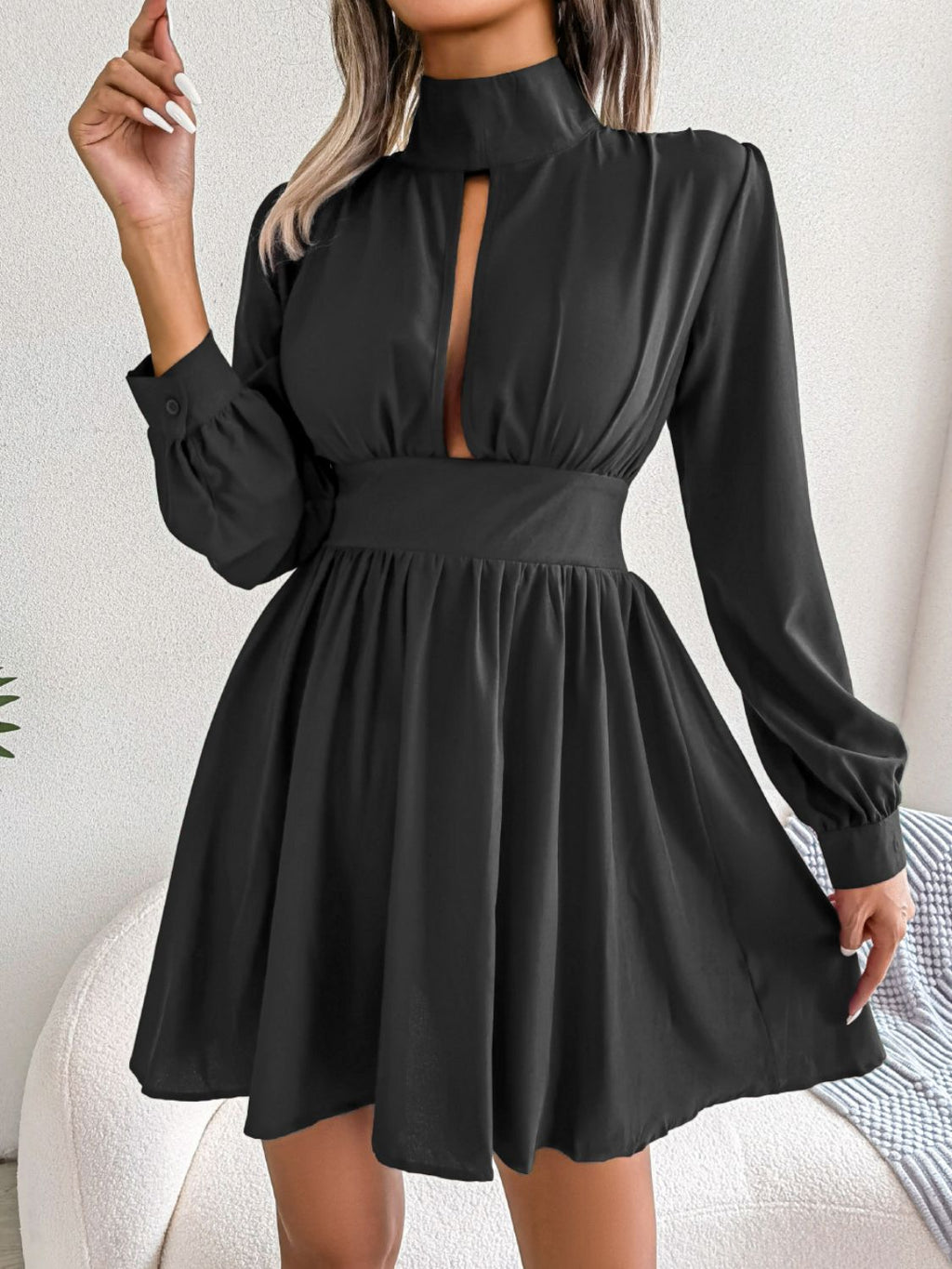 Cutout Turtleneck A-line Mini Dress (8)