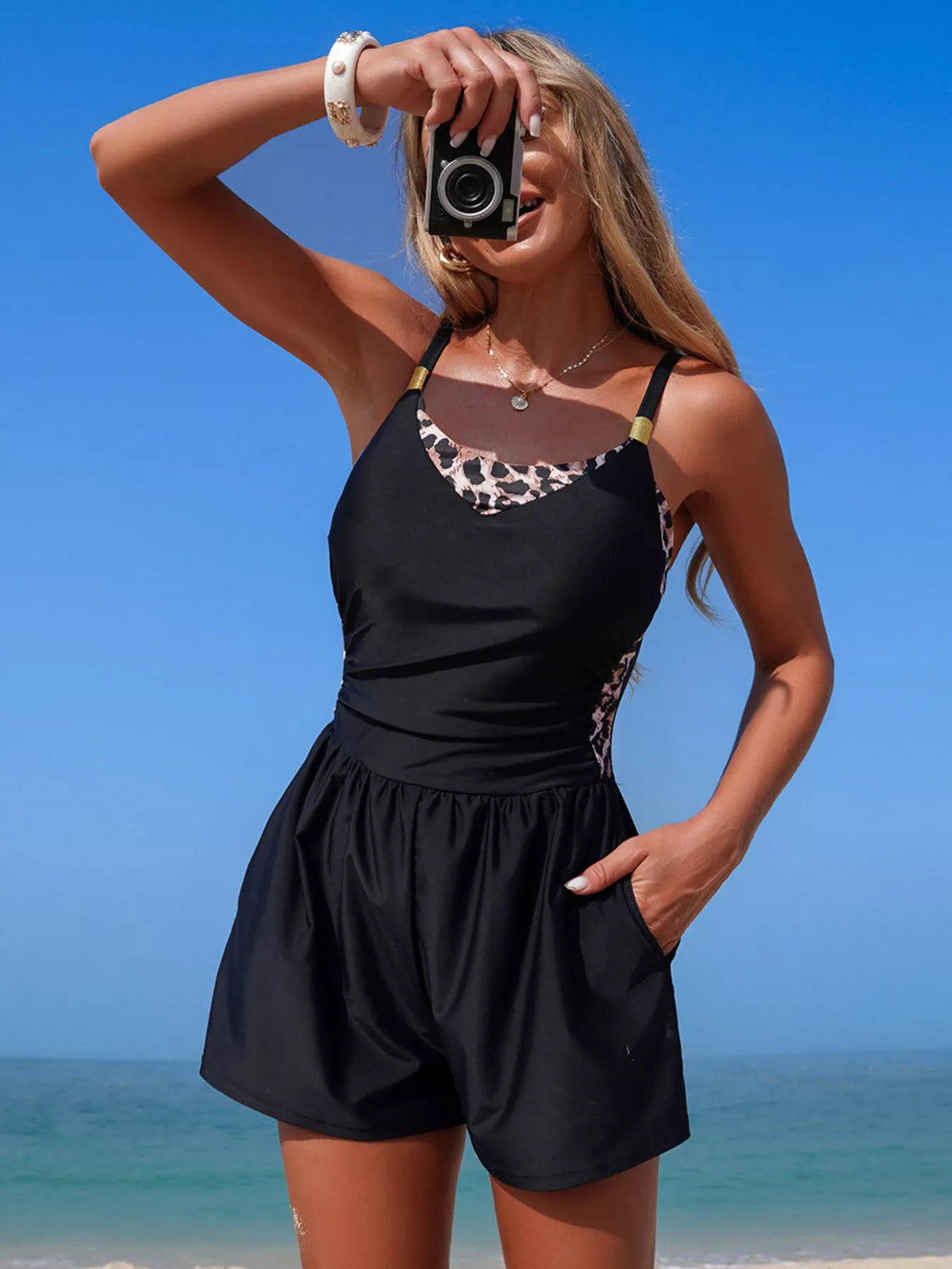 Block Adjustable Strap One-piece Swimsuit (24)