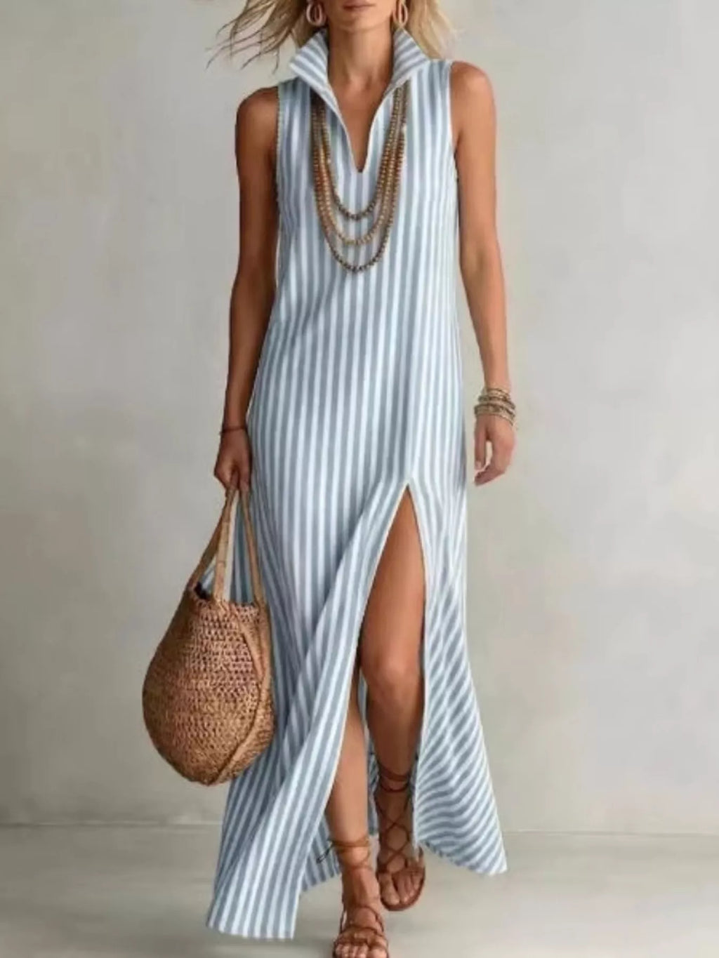 Full Size Striped Maxi Dress High Slit Plus