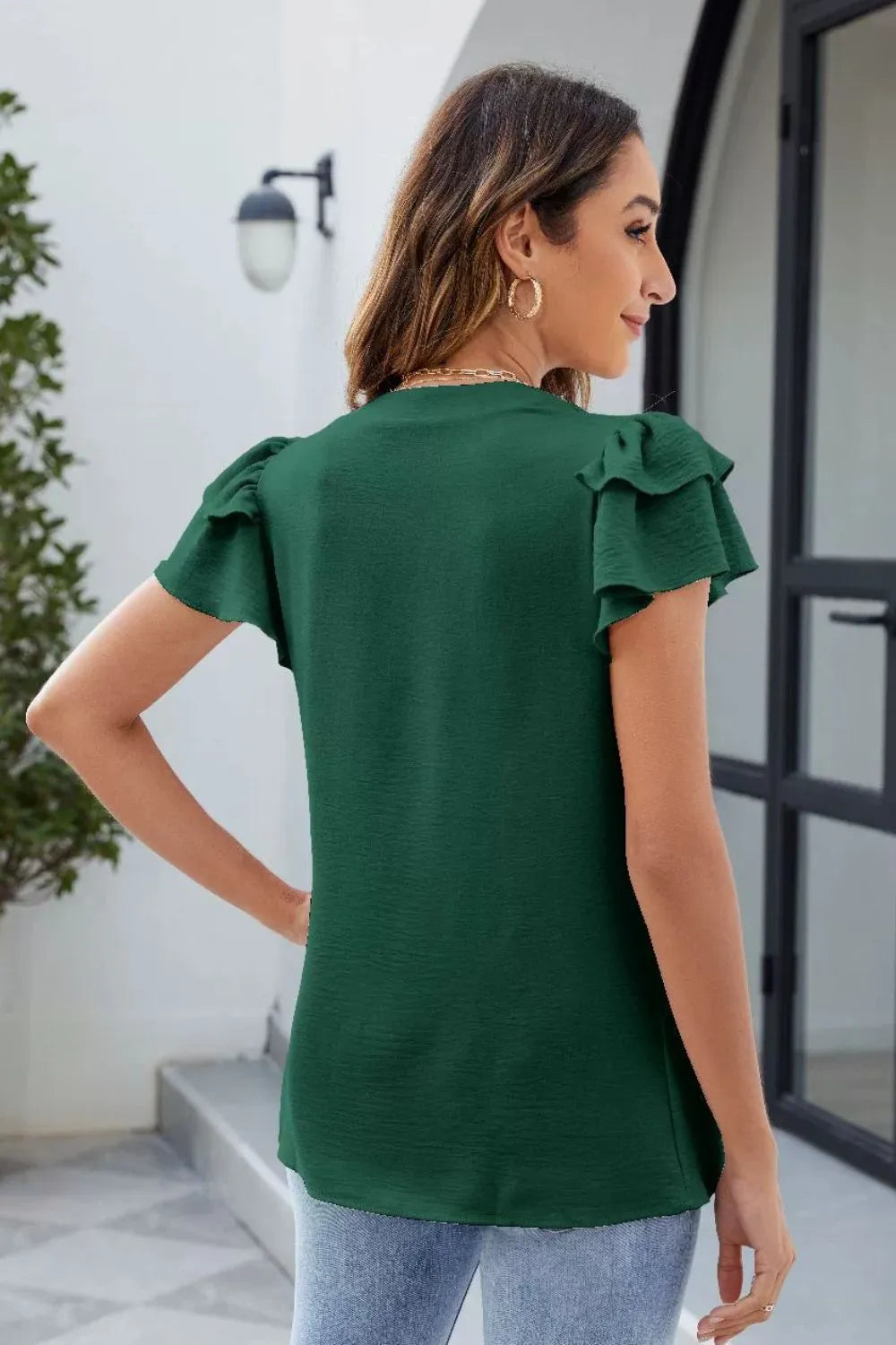 Ruffled Notched Short Sleeve Blouse (4)