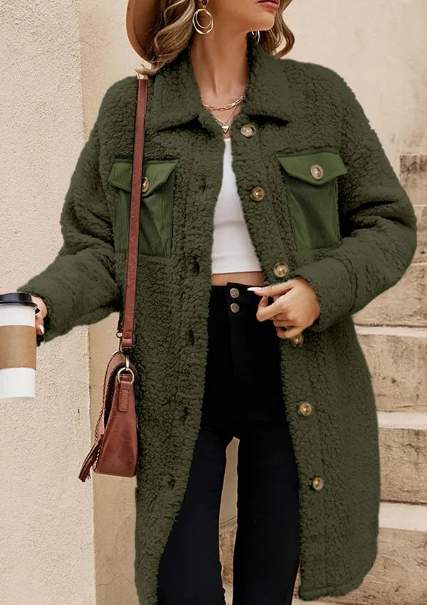 Collared Neck Long Sleeve Longline Teddy Jacket (22)