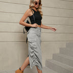 Drawstring Ruched Slit Denim Midi Skirt (20)