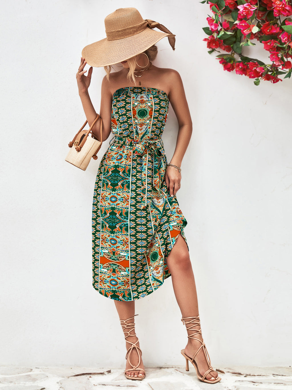 Printed Strapless Tie Belt Dress (10)