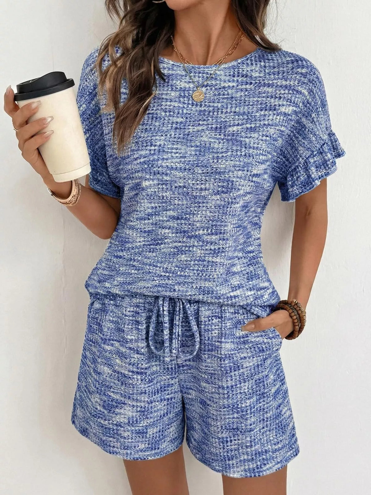 Ruffle Sleeve Textured Top Shorts Set (8)