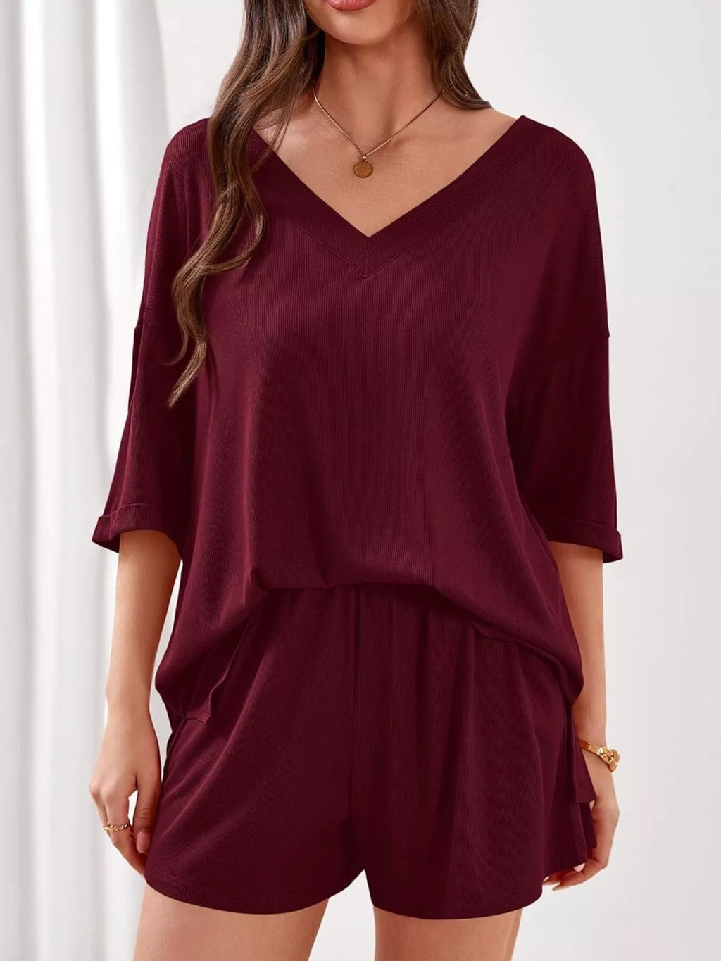 Casual Solid Color V-neck Top Shorts Set (20)