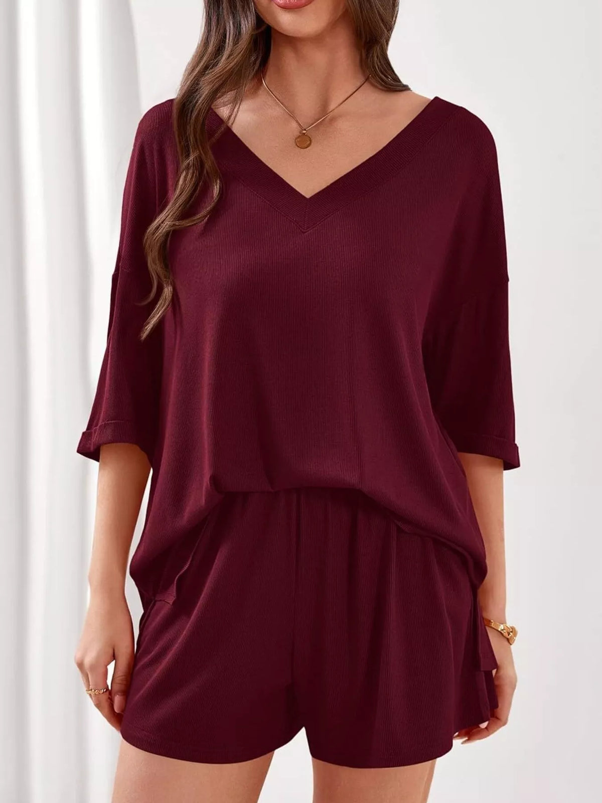 Casual Solid Color V-neck Top Shorts Set (20)