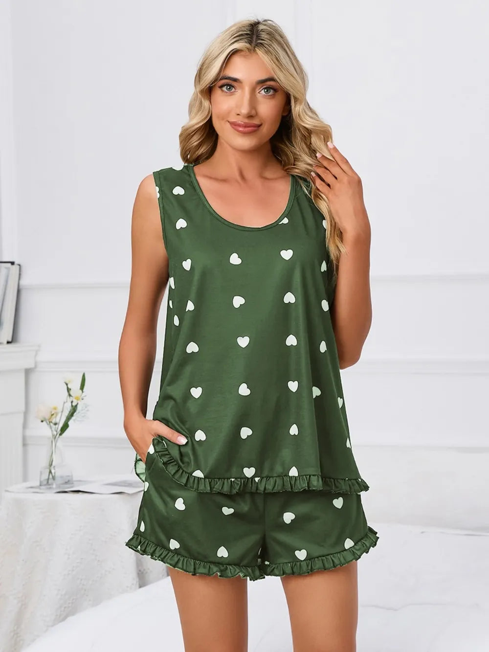 Heart Scoop Neck Tank Shorts Lounge Set (11)