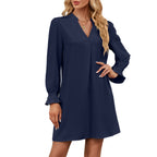 Solid Color V-neck Loose Lotus Leaf Long Sleeve Dress photo 4