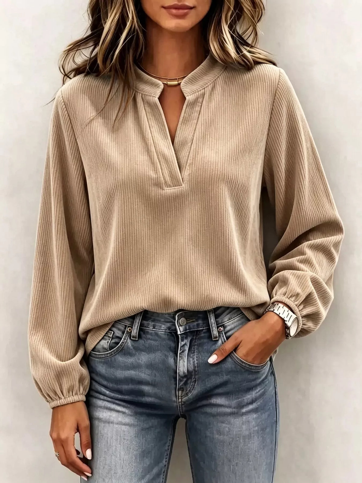 Full Size Corduroy Notched Long Sleeve Top Plus