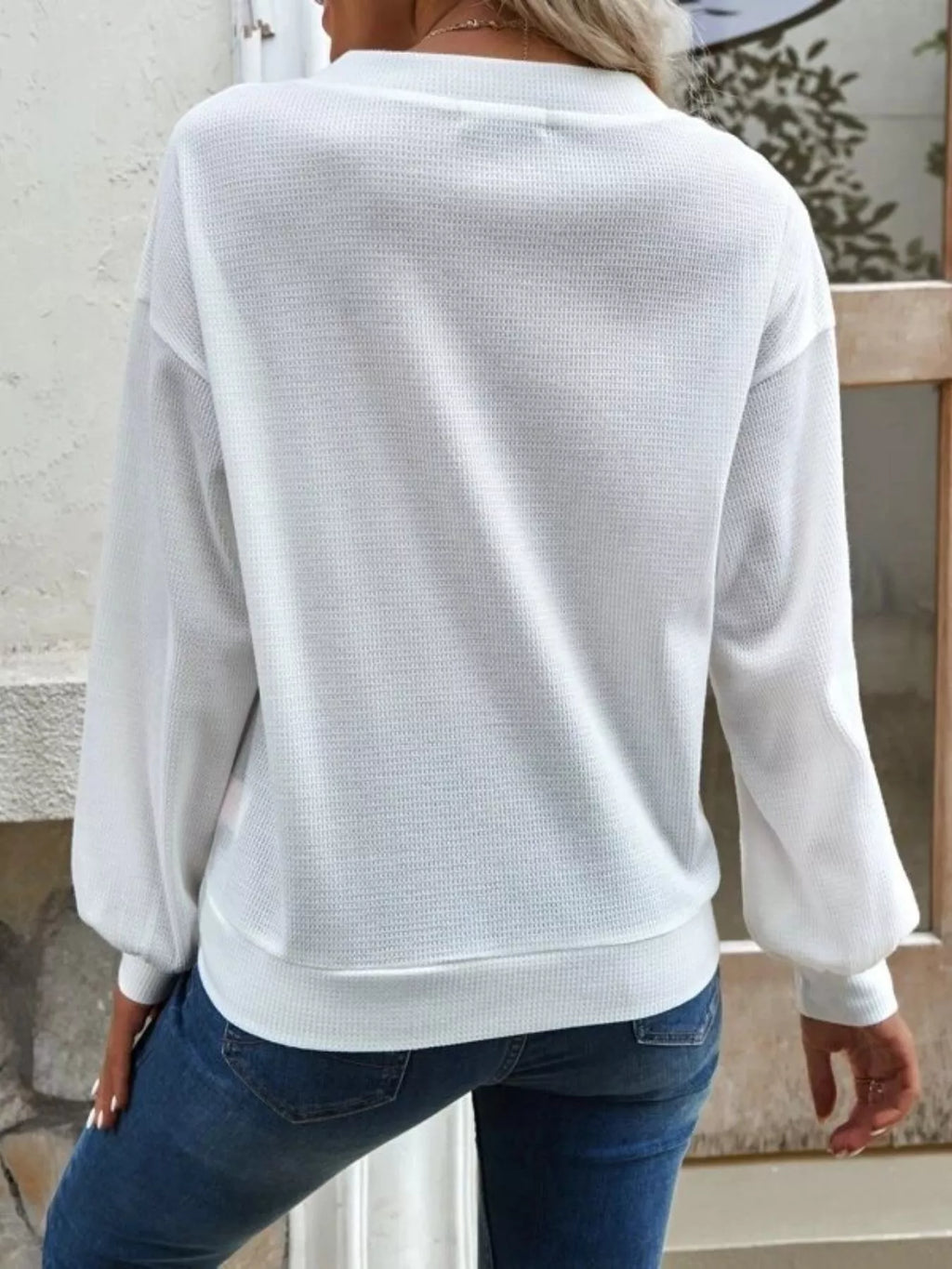 Casual V-neck Waffle Long Sleeve Top (4)