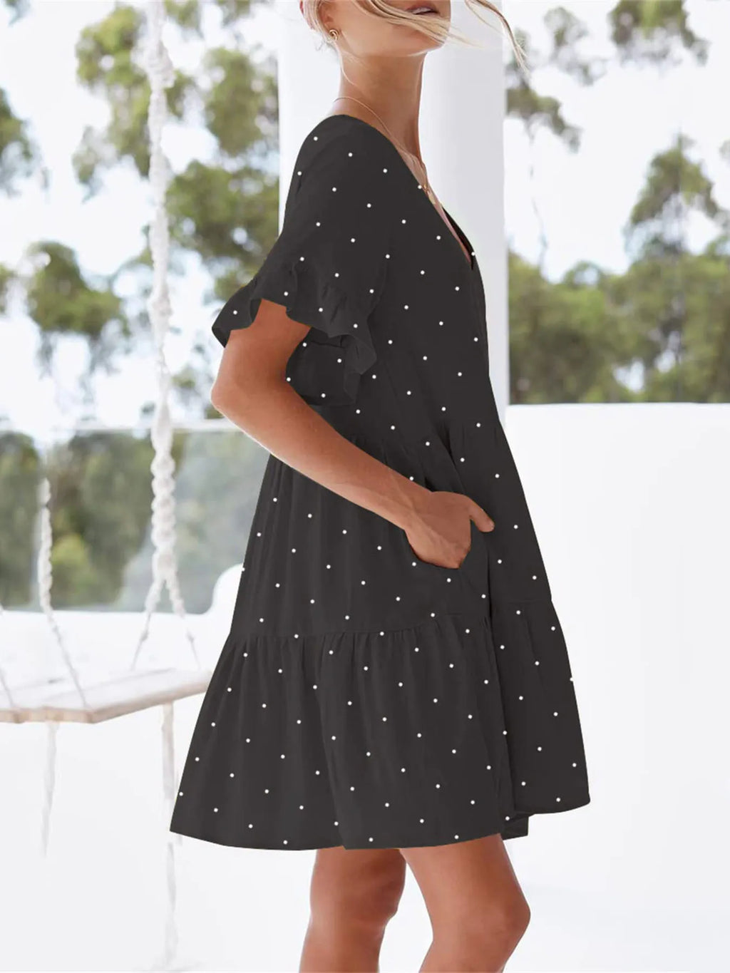 Polka Dot V-neck Short Sleeve Mini Dress (2)