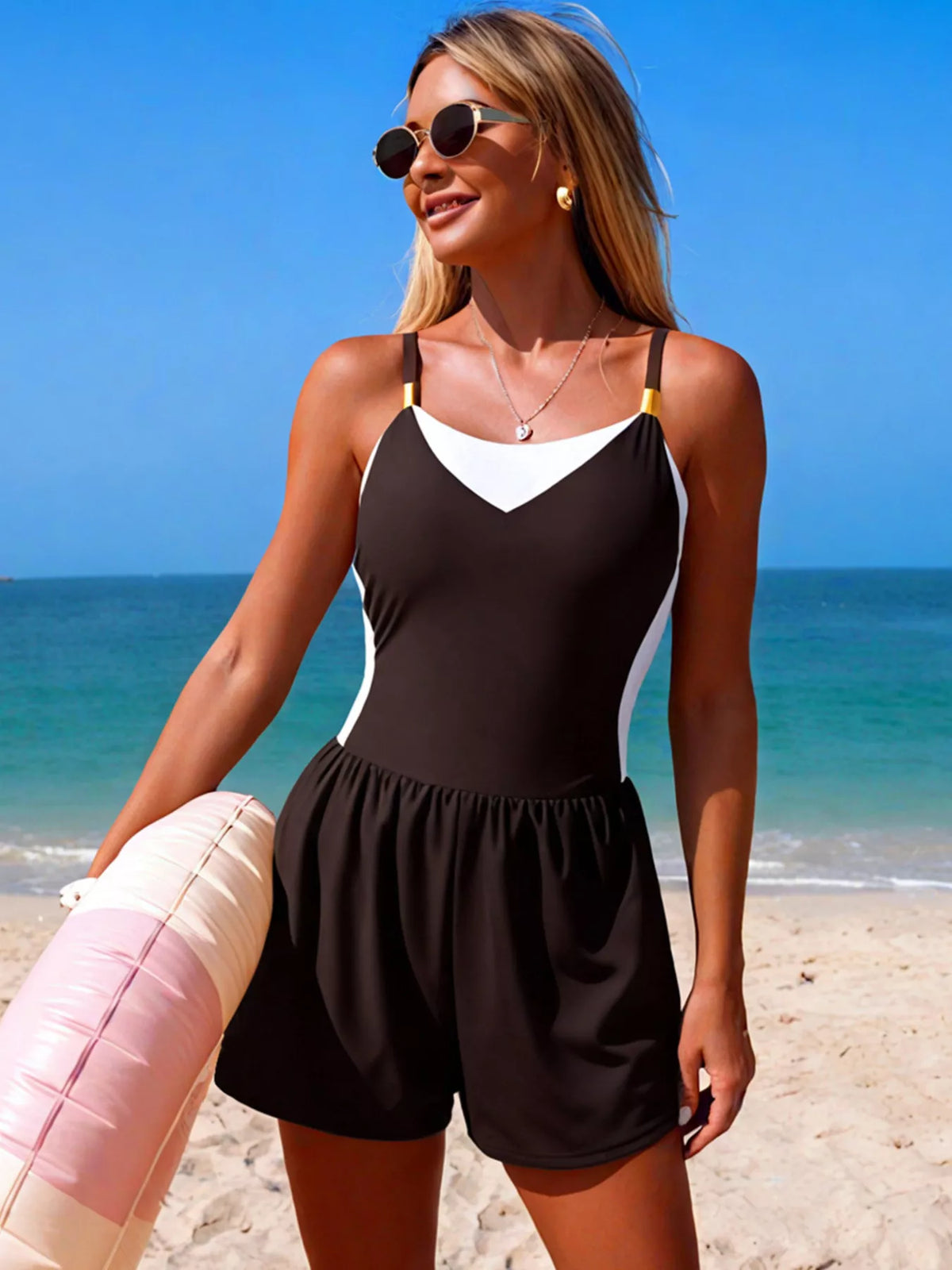 Block Adjustable Strap One-piece Swimsuit (20)