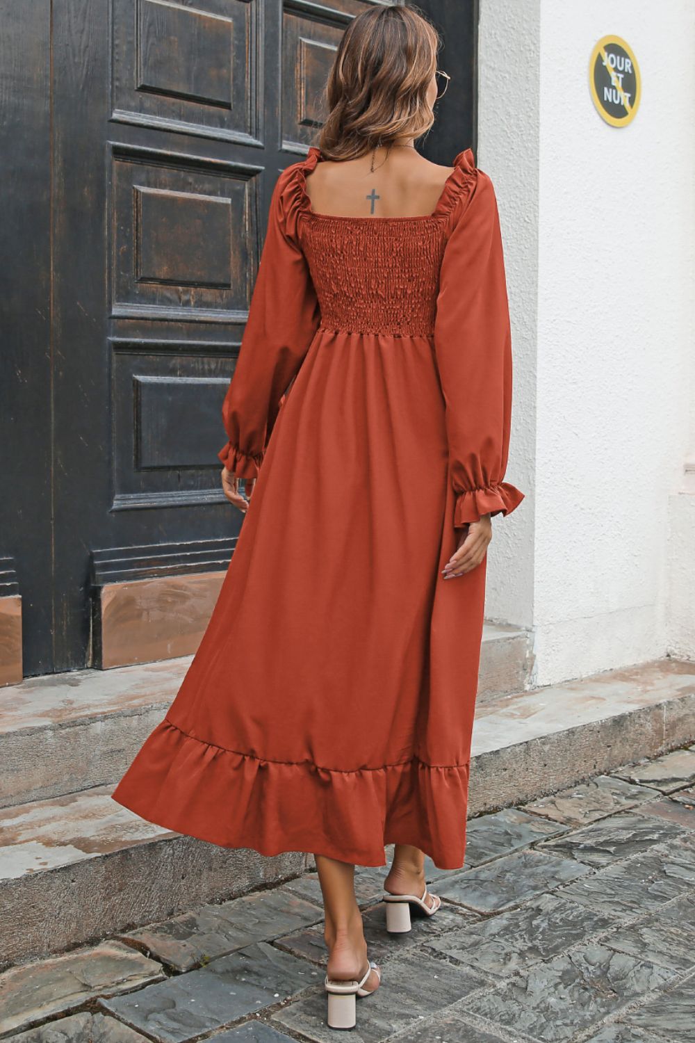Smocked Ruffle Hem Flounce Sleeve Dress (2)