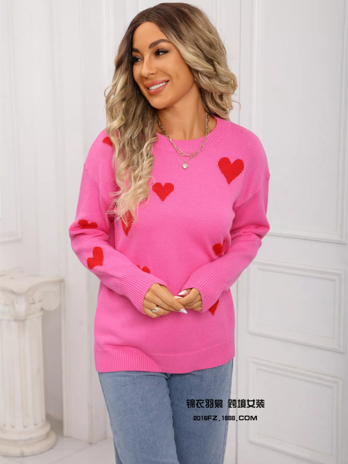 Valentine's Day Heart Print Round Neck Sweater (10)