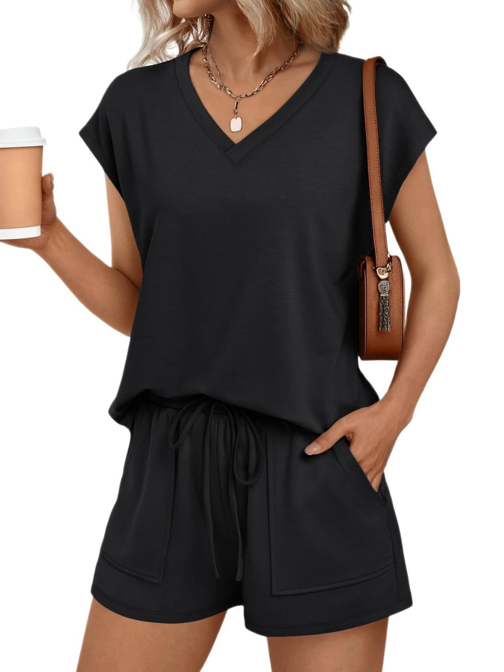 Casual V-neck T-shirt Shorts Set (9)