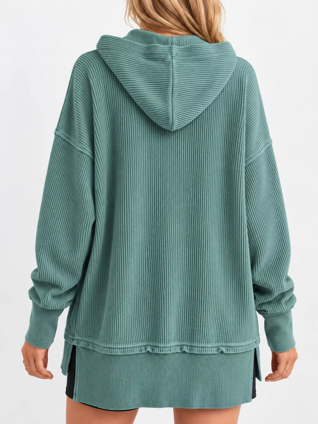 Full Size Snap Button Placket Dropped Shoulder Hoodie Plus (3)