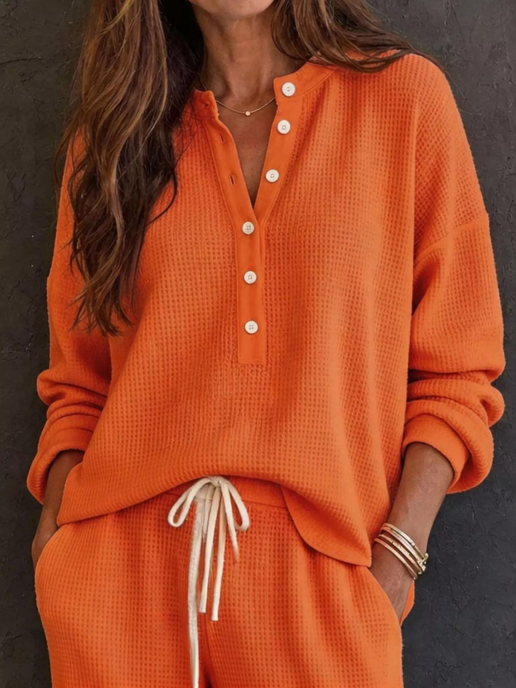 Waffle Knit Henley Top Wide Leg Pants Set (17)