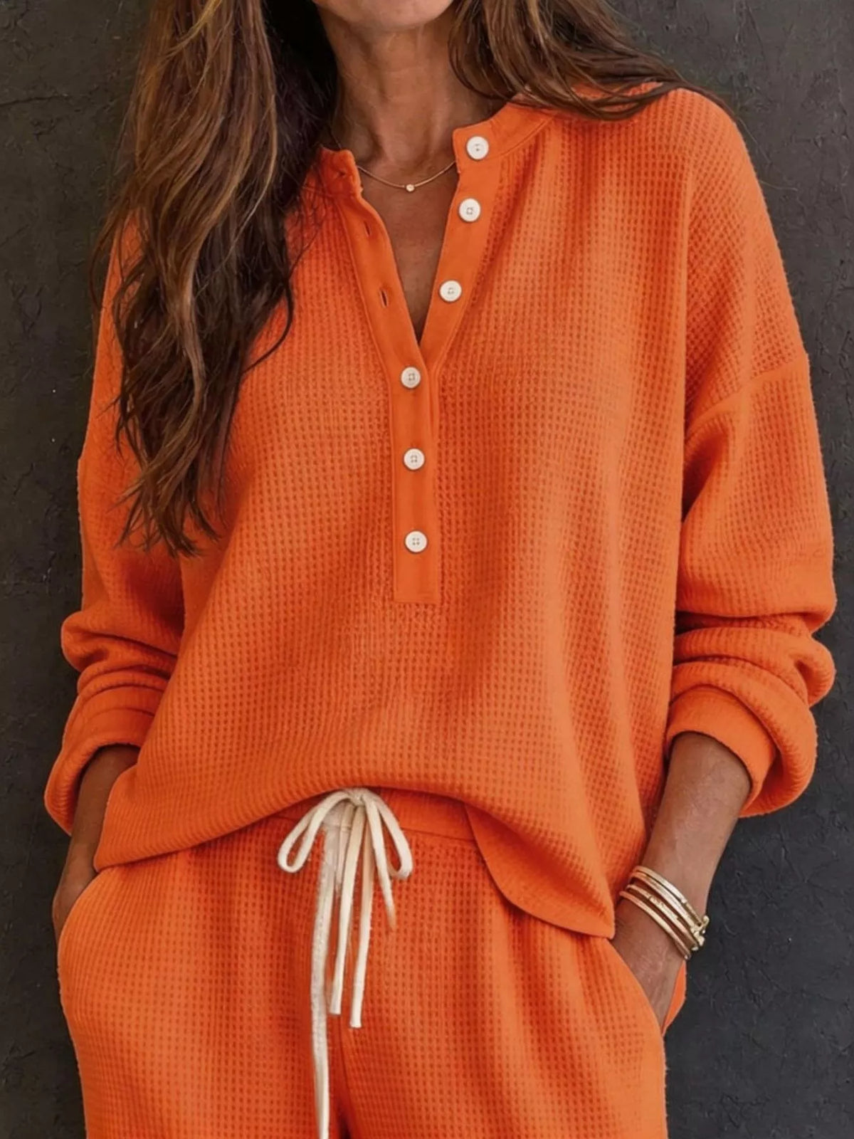 Waffle Knit Henley Top Wide Leg Pants Set (17)