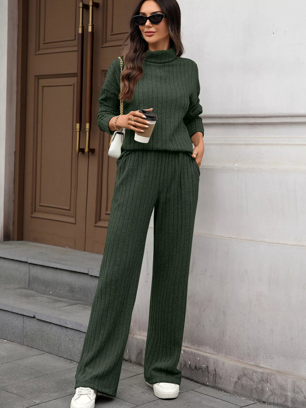 Ribbed Turtleneck Dropped Shoulder Top Pants Sweater Set (10)