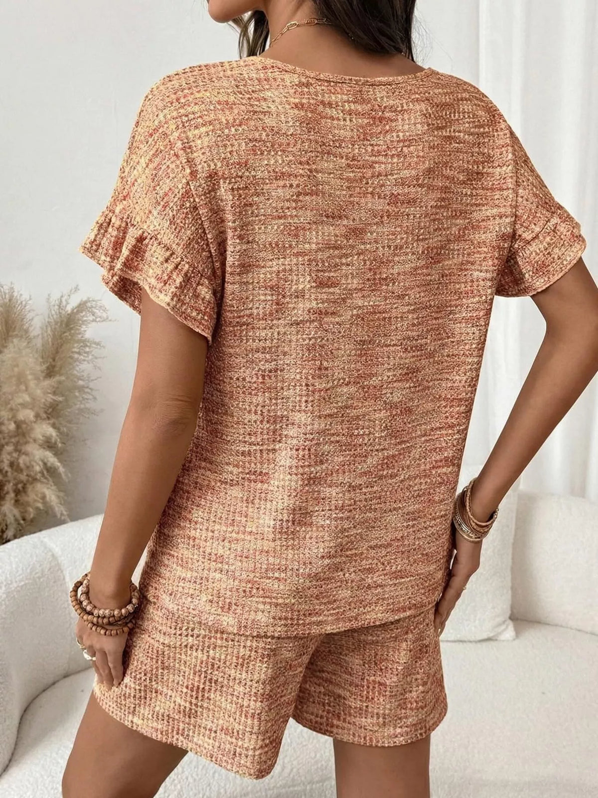 Ruffle Sleeve Textured Top Shorts Set (22)