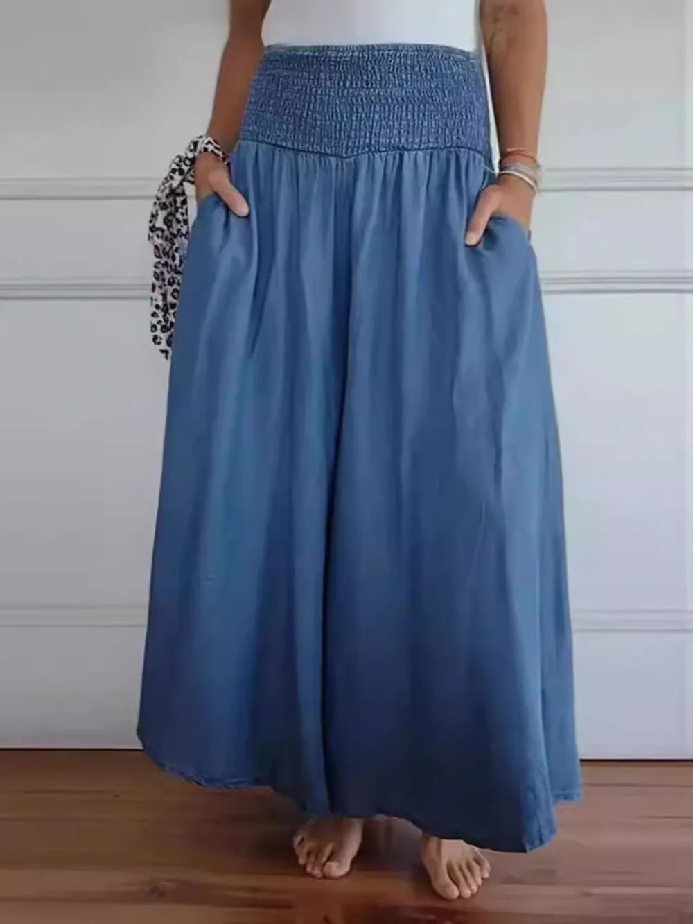 Full Size Smocked Wide Leg Pants Pockets (4)
