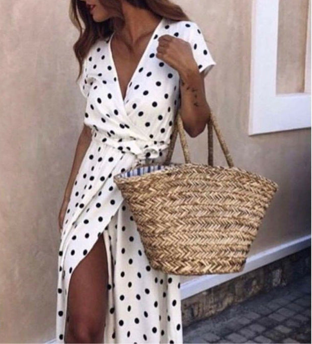 V-neck Polka Dot Dress variant CJNSSYLY05972-White-XXL|CJNSSYLY05972-White-3XL|CJNSSYLY05972-White-XL|CJNSSYLY05972-White-M|CJNSSYLY05972-White-4XL|CJNSSYLY05972-White-L|CJNSSYLY05972-White-S
