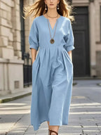 Notched Half Sleeve Midi Dress