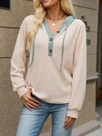 Waffle Knit Henley Hoodie Contrast Trim (4)