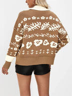 Floral Pattern Knit Cardigan Contrast Collar (6)