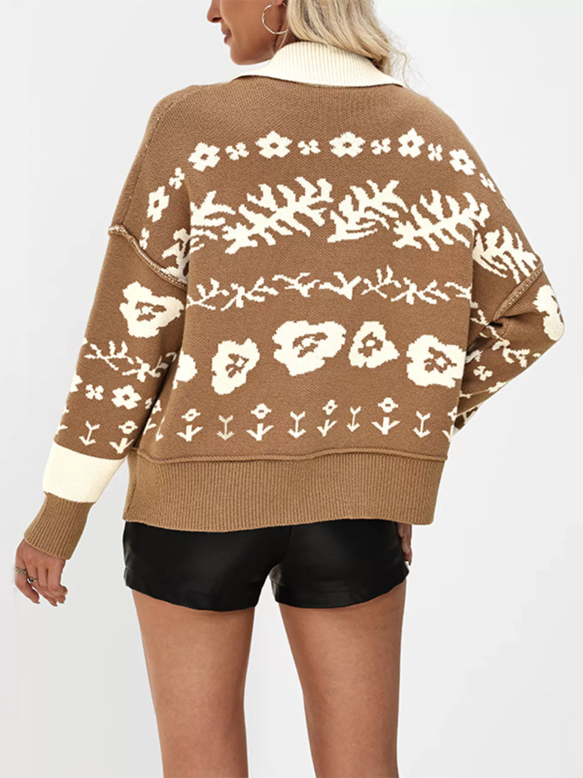 Floral Pattern Knit Cardigan Contrast Collar (6)