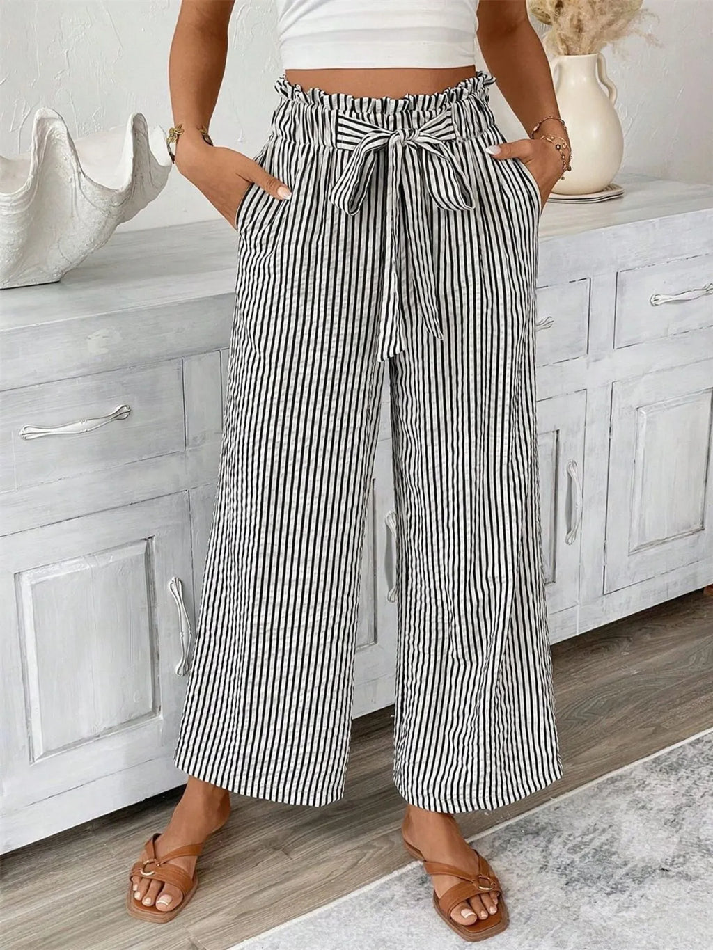 Full Size Striped Wide Leg Paper Bag Pants Plus