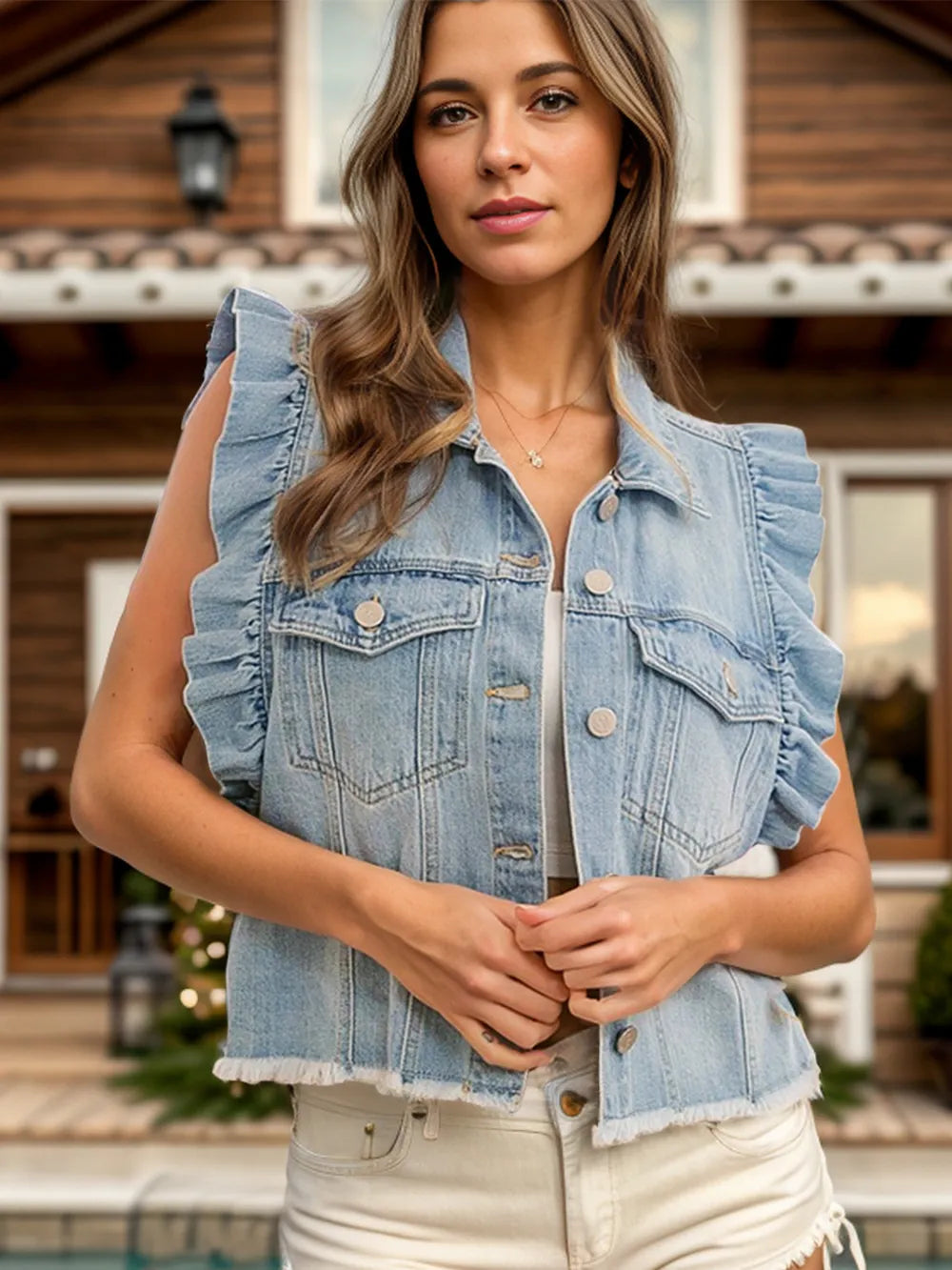 Raw Hem Ruffled Cap Sleeve Denim Jacket (7)