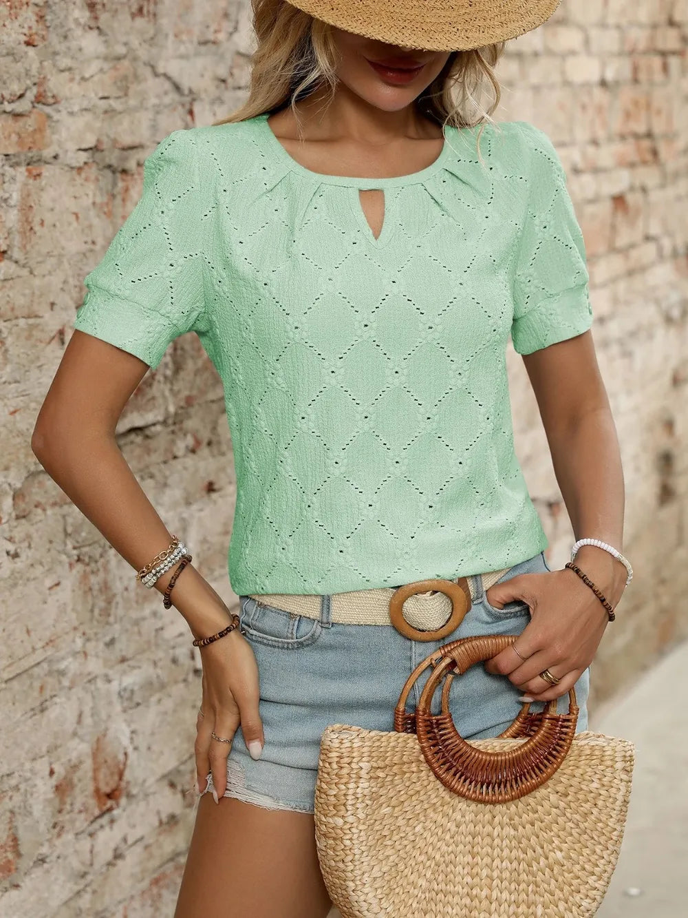 Eyelet Round Neck Short Sleeve Top (22)