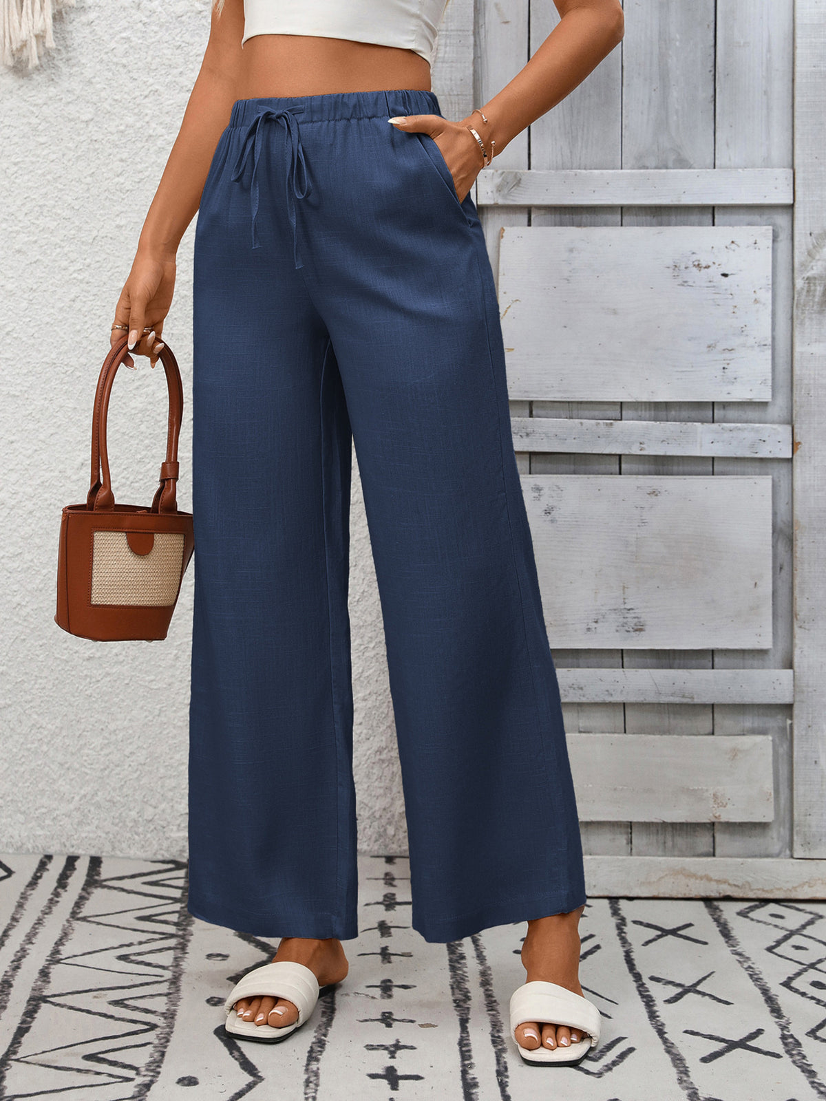 Drawstring High Waist Wide Leg Pants (14)