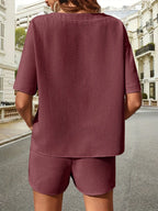Waffle-knit Half Sleeve Top Shorts Set (23)