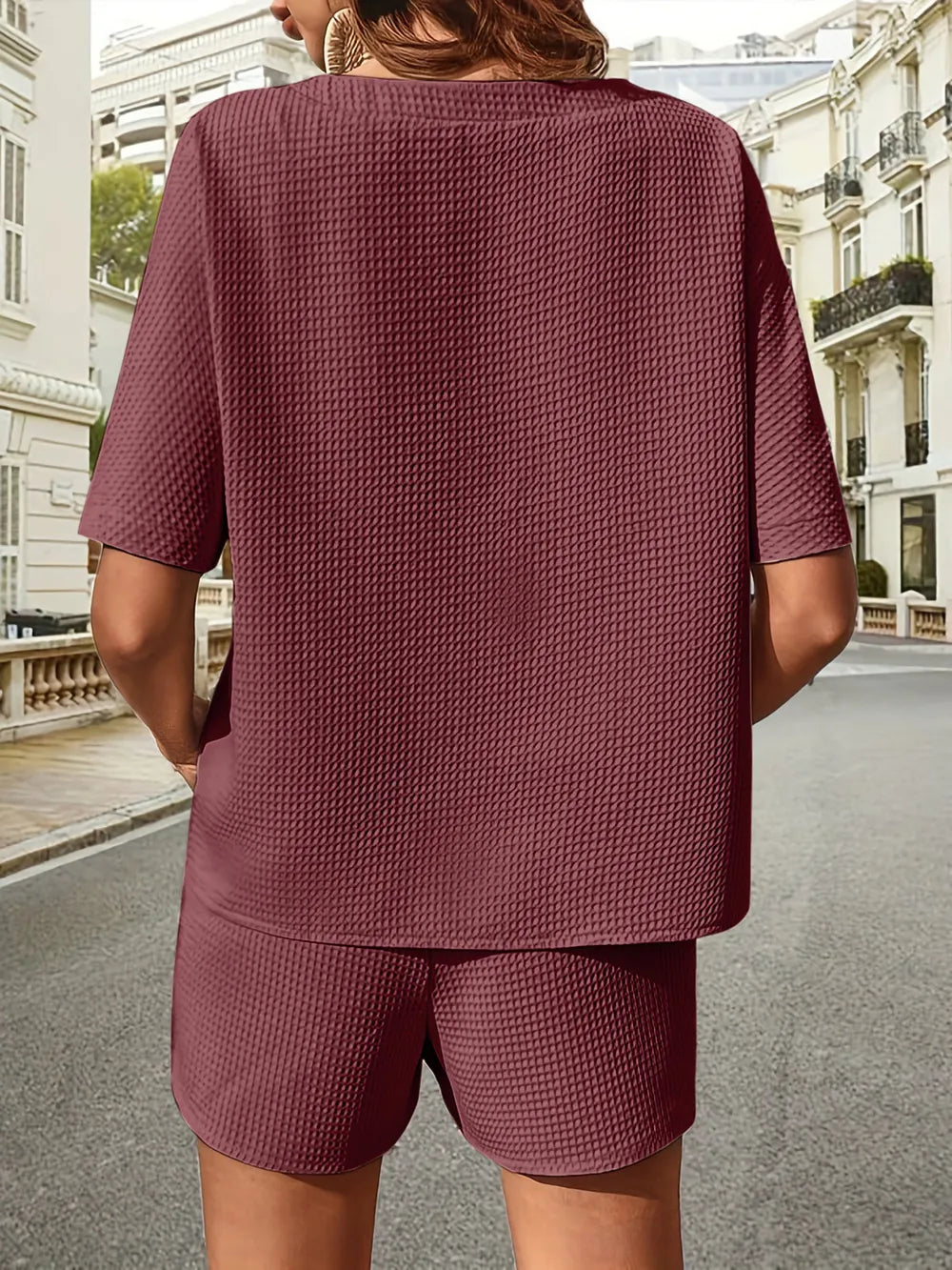 Waffle-knit Half Sleeve Top Shorts Set (23)