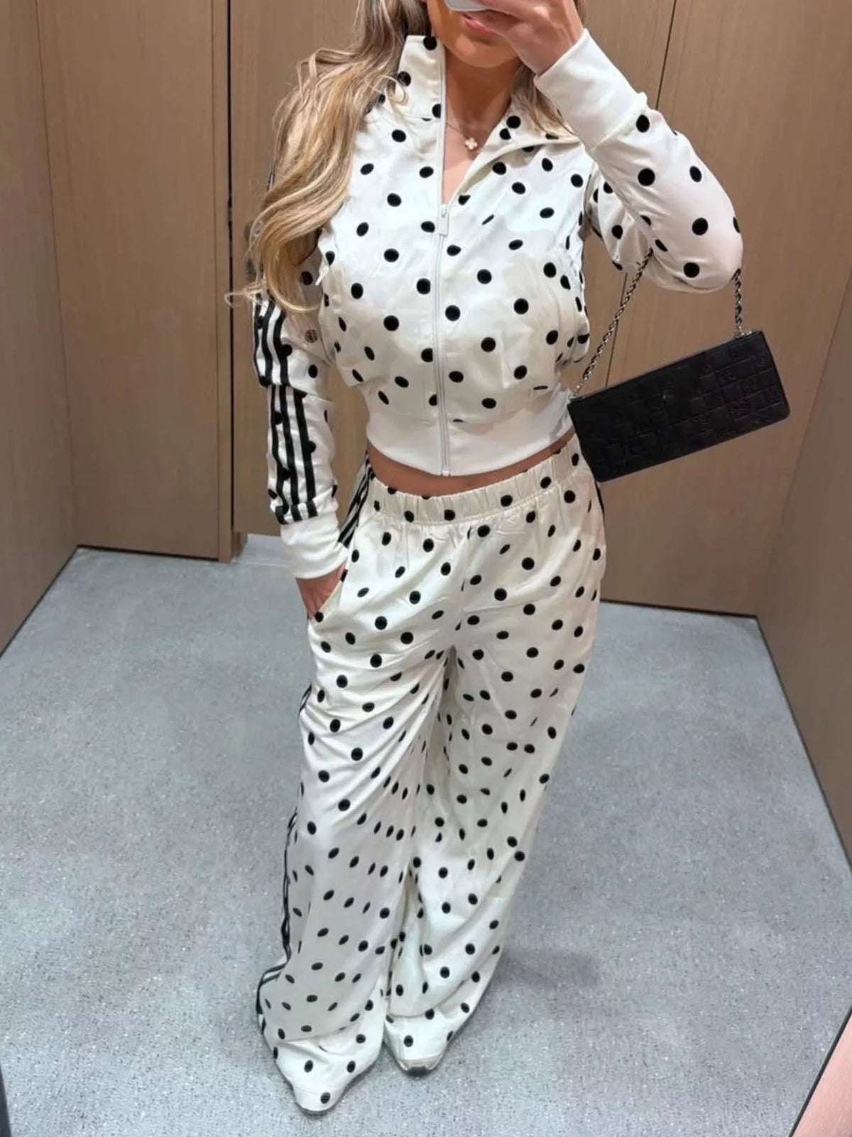 Polka Dot Side Striped Outerwear Pants Set (13)