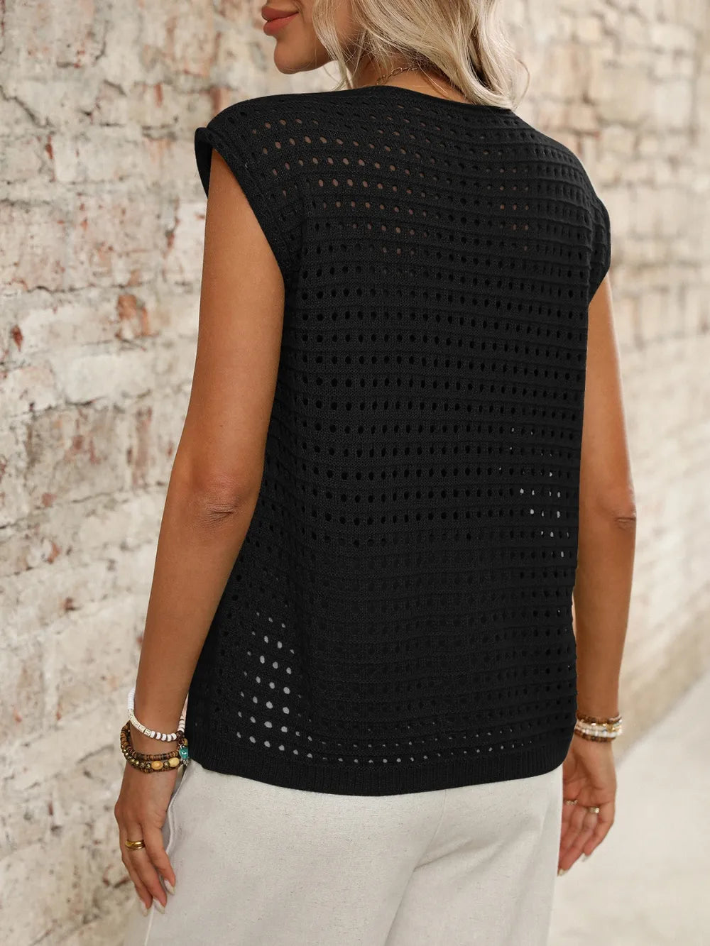Tied Front Openwork V-neck Knit Top (15)