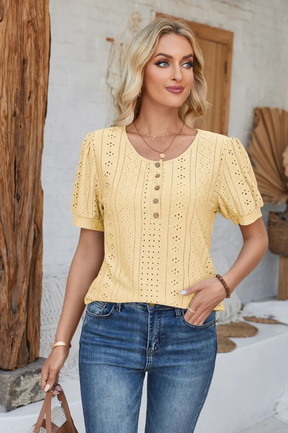 Eyelet Round Neck Short Sleeve Blouse (18)