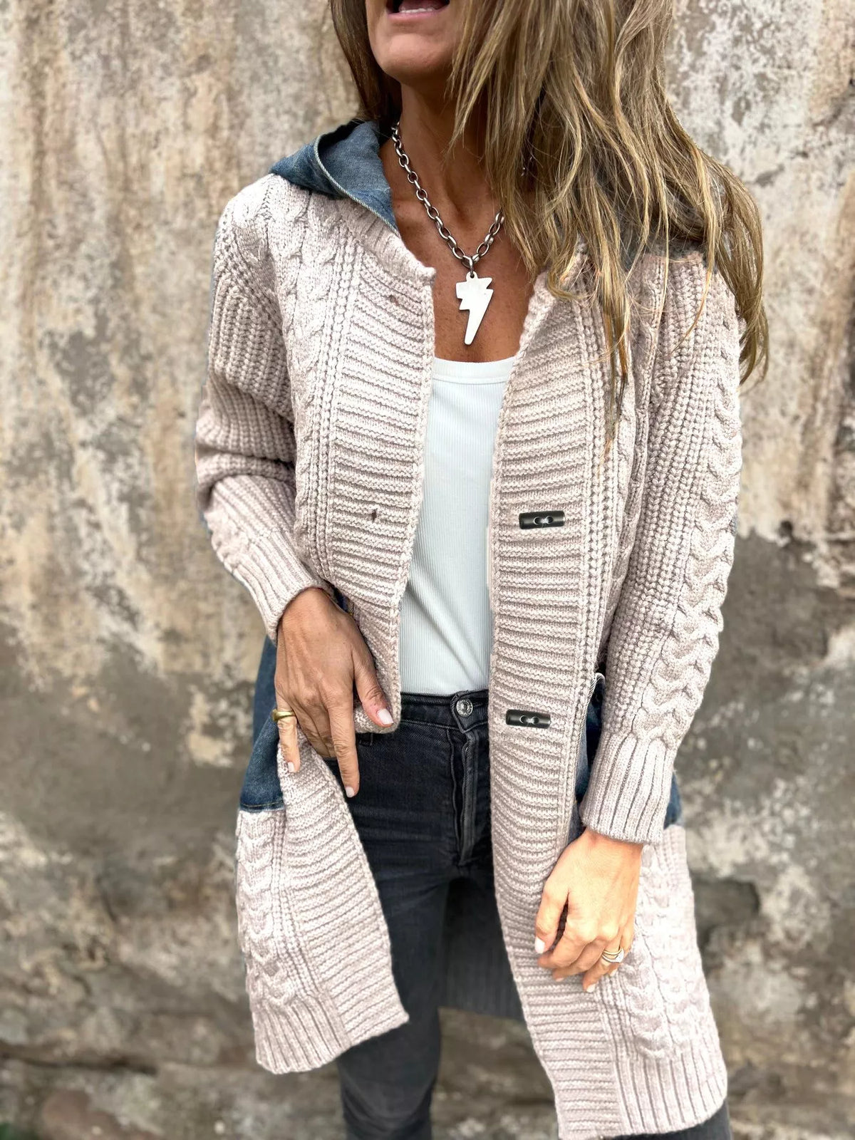 Full Size Hooded Cable Knit Longline Cardigan Plus