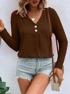 Full Size V-neck Decor Button Long Sleeve T-shirt Plus (17)