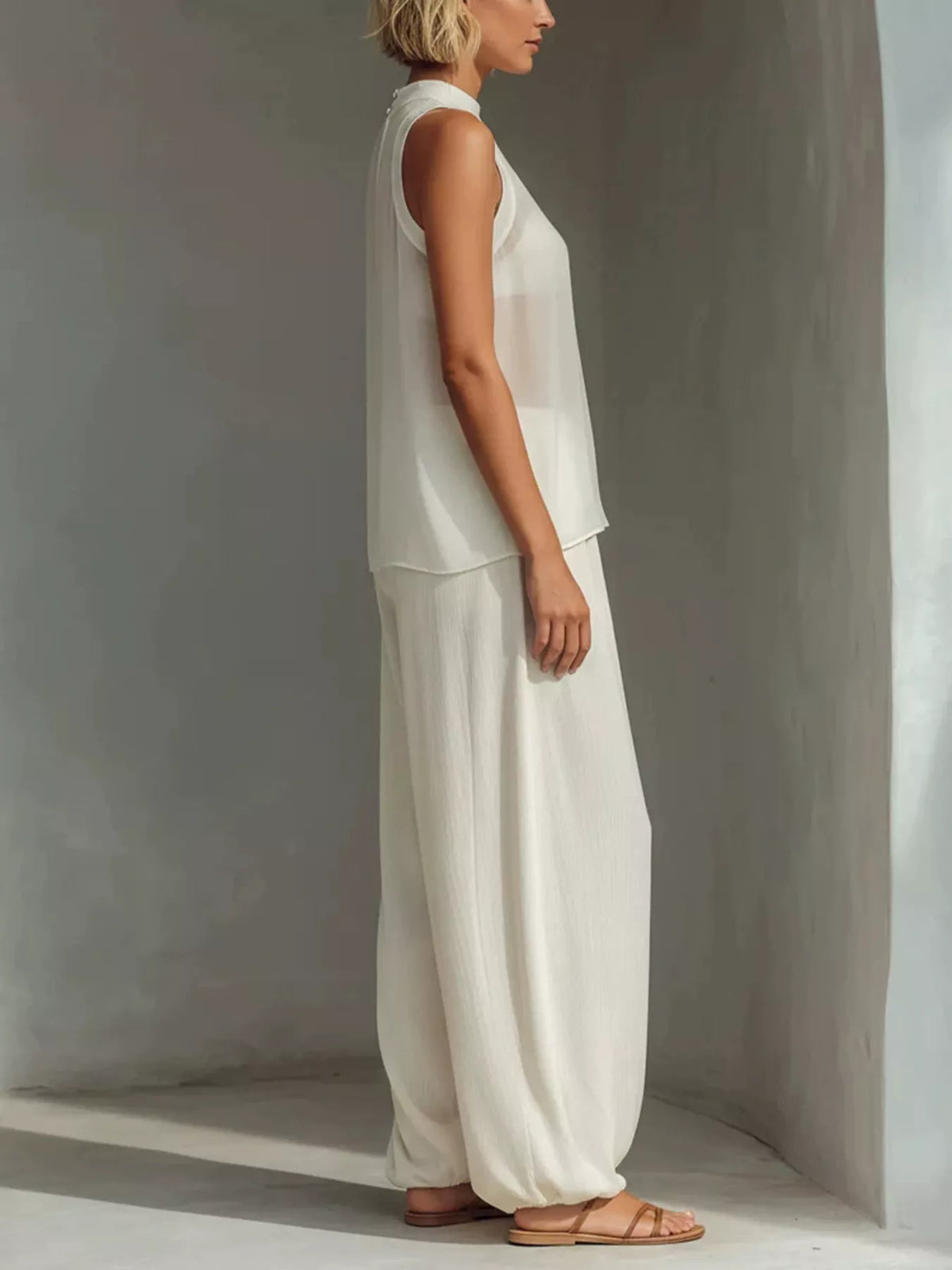 Full Size Sheer Sleeveless Top Wide-leg Pants Set Plus (2)