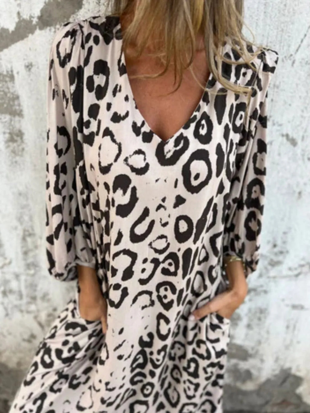 Full Size Printed V-neck Dress Pockets Plus (34)