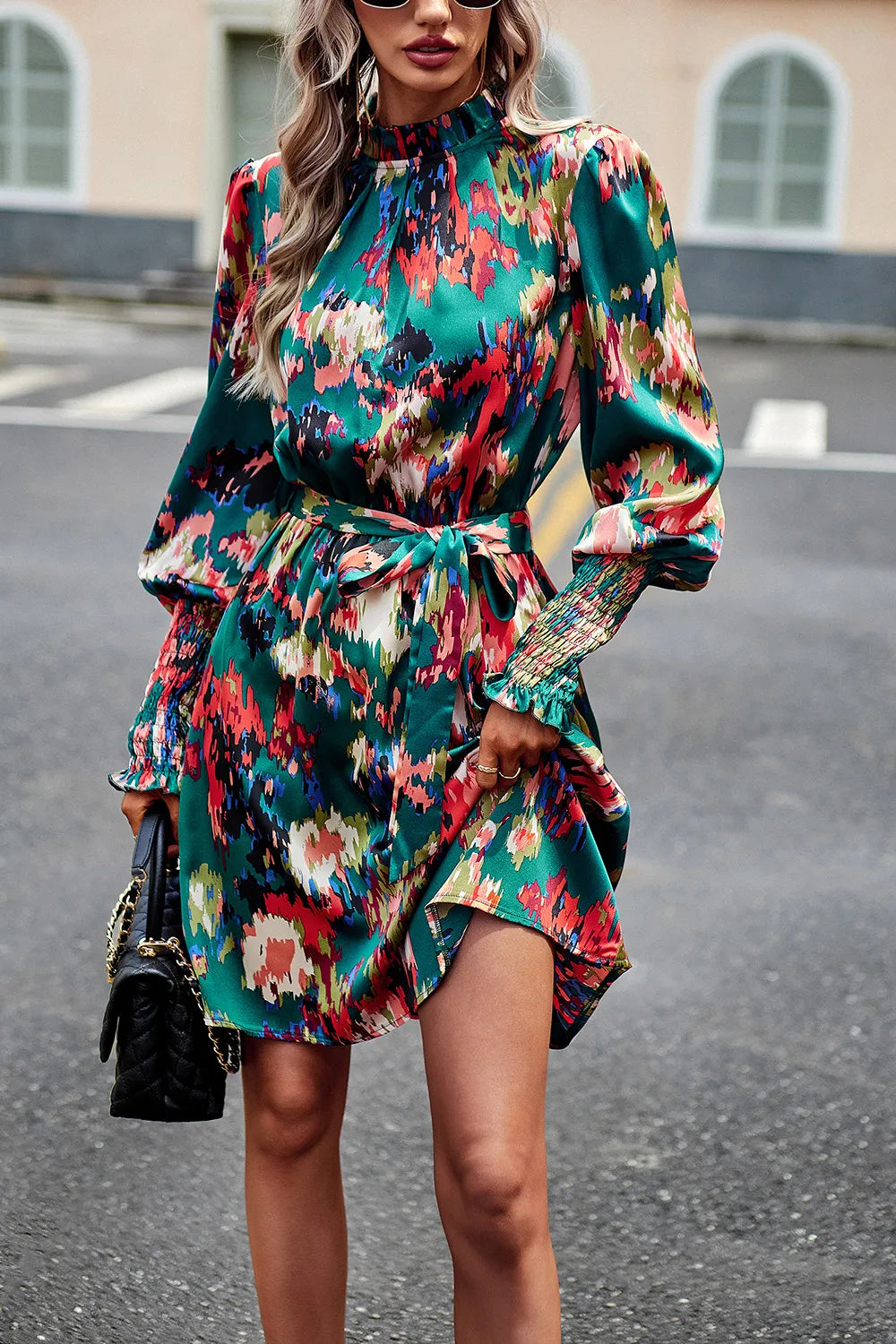 Printed Tie Waist Mock Neck Lantern Sleeve Dress (7)