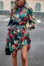 Printed Tie Waist Mock Neck Lantern Sleeve Dress (7)