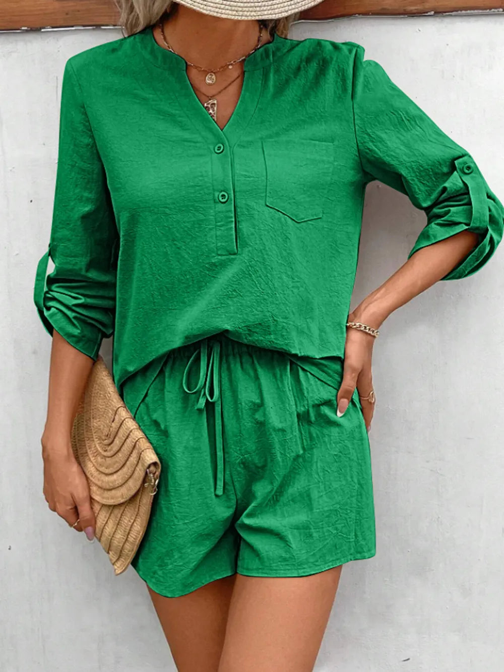 Notched Long Sleeve Top Shorts Set (6)