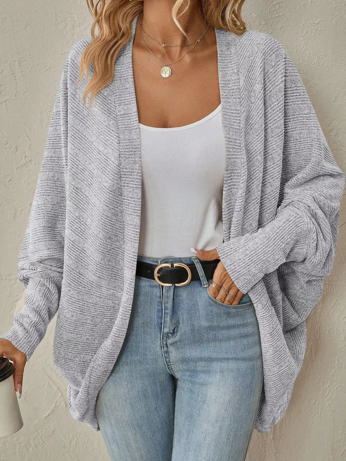 Casual Open Front Batwing Sleeve Ribbed Knit Cardigan (18)